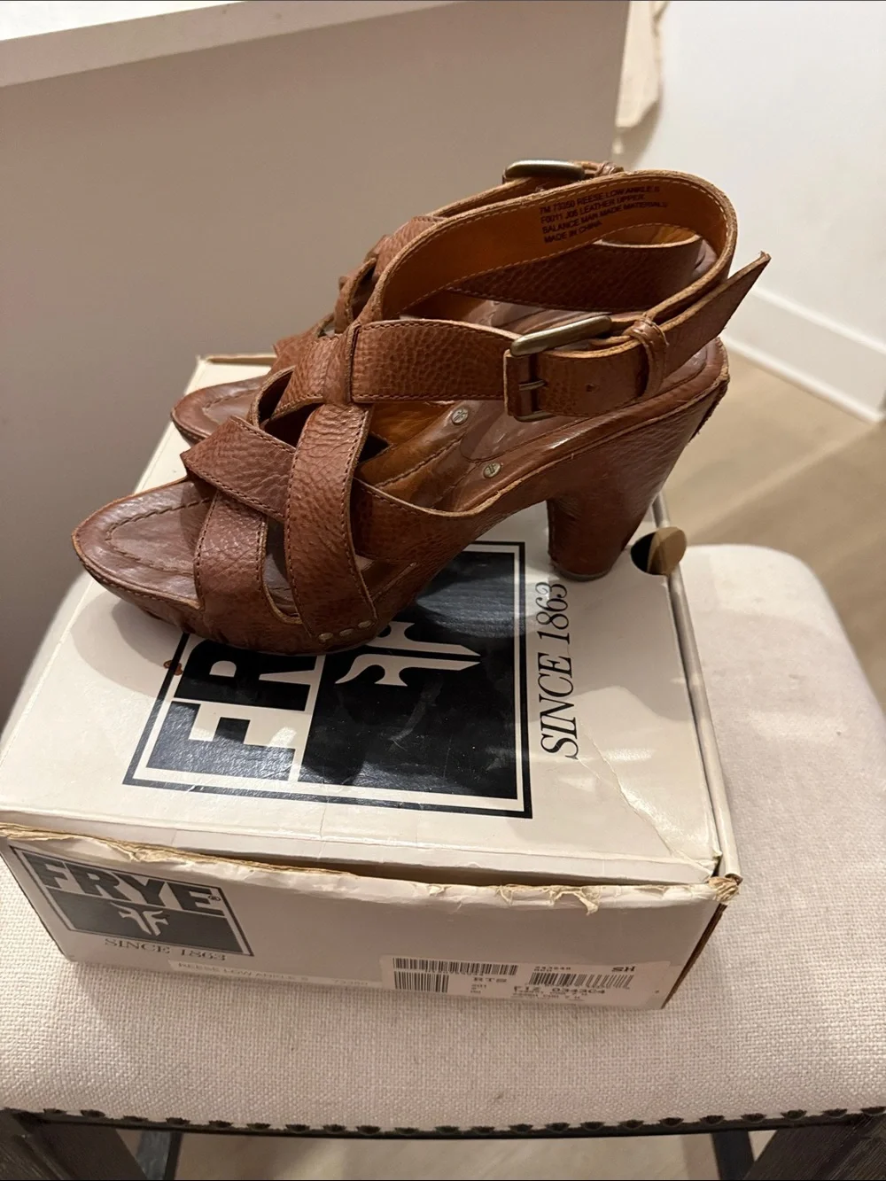 Frye Cognac Brown Leather Crisscross Wedge Sandals